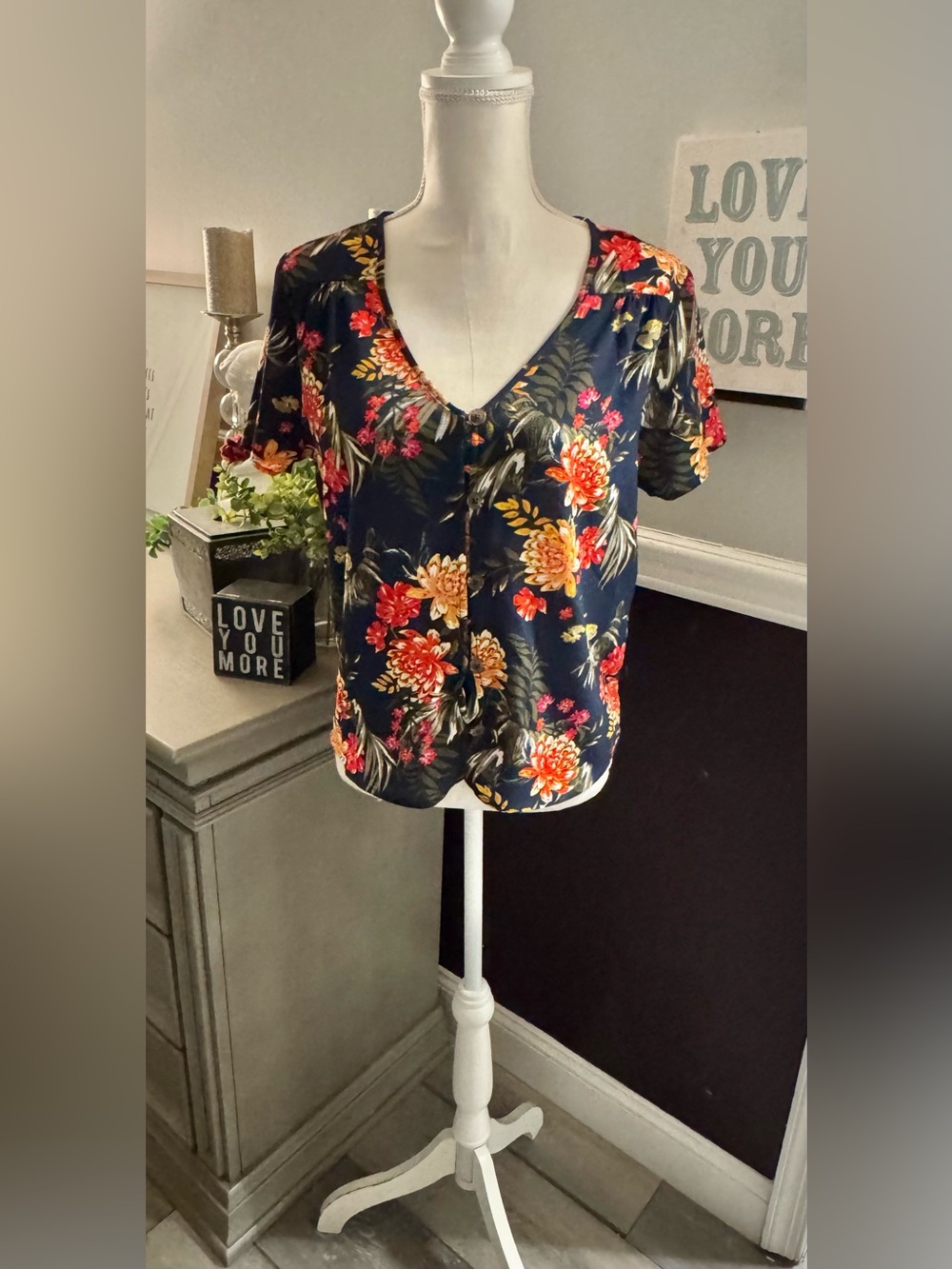Pink Rose Navy Floral V-Neck Blouse Open Back Size L